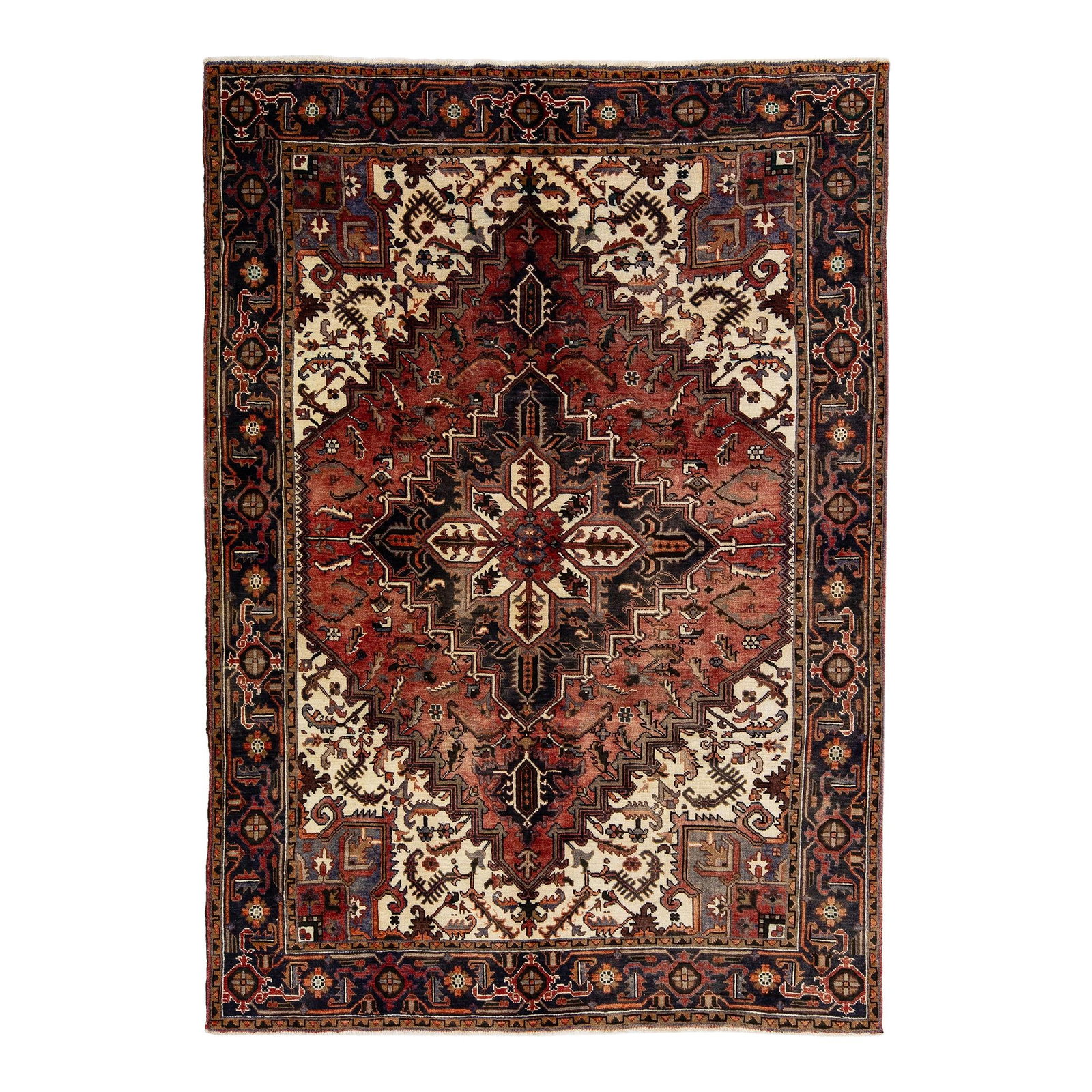 1960s Persian Heriz Handmade Red Wool Rug 6'8 x 9'5 Medallion Design: 1960s Persian Heriz Handmade Red Wool Rug 6'8 x 9'5 Medallion Design This exquisite vintage Persian Heriz rug showcases a stunning all-over medallion design, characterized by its rich red color field 