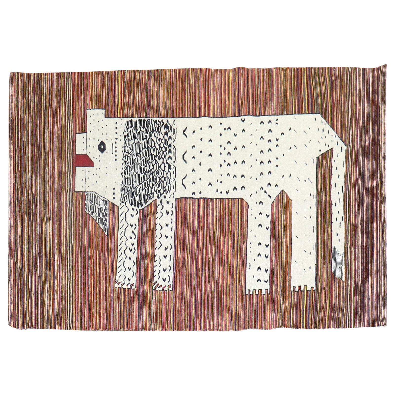 Bohemian Lion Persian Wool Kilim Wall Hanging 57 x 91: Bohemian Lion Persian Wool Kilim Wall Hanging 57 x 91 This stunning Lion Persian Kilim Wall Hanging features a striking lion design set against a striped field, embodying the Bohemian style. Construct