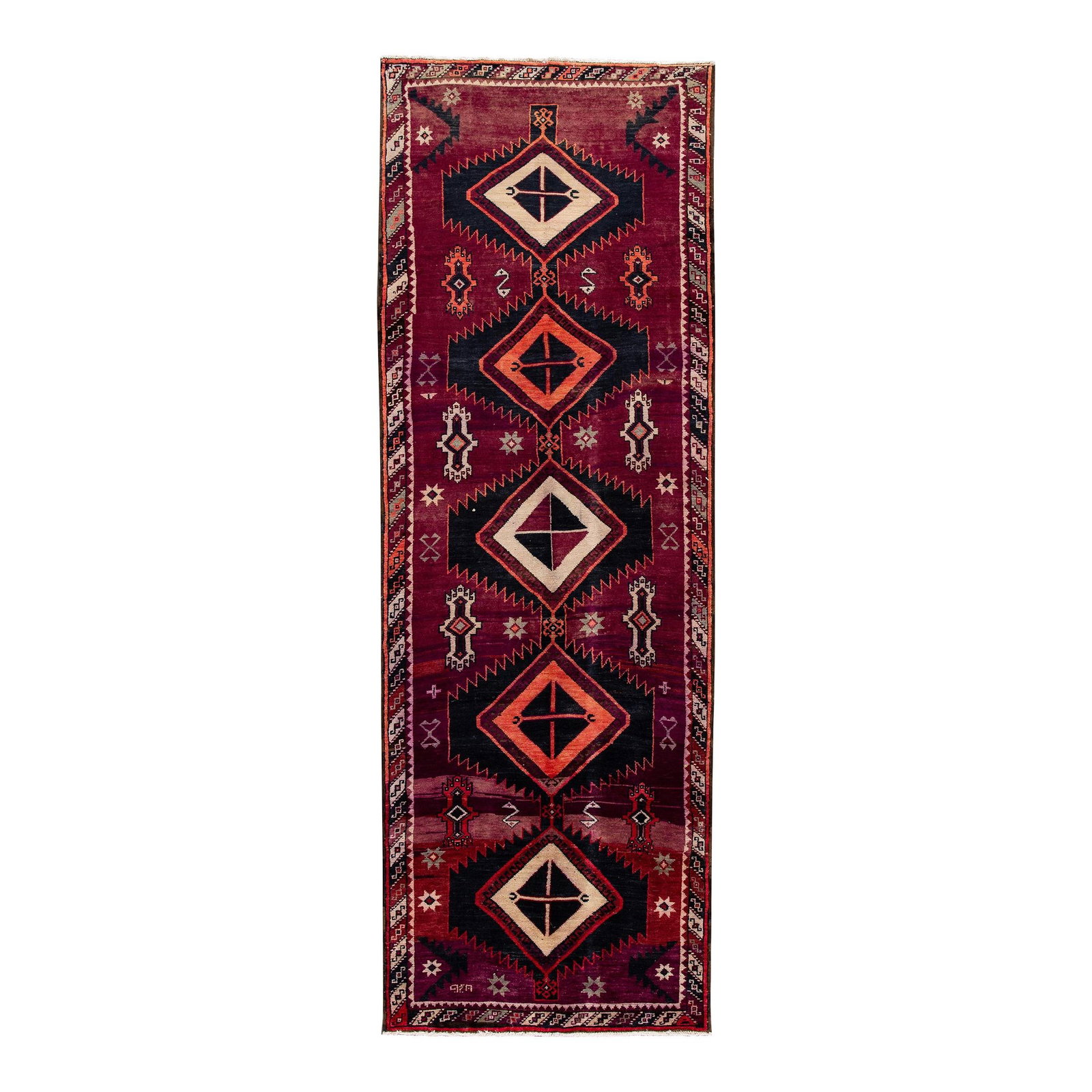 1960s Vintage Handmade Burgundy Wool Runner with Tribal Pattern: 1960s Vintage Handmade Burgundy Wool Runner with Tribal Pattern This exquisite 1960s vintage Azeri runner features a stunning hand-knotted design set against a rich burgundy background. The artistic p