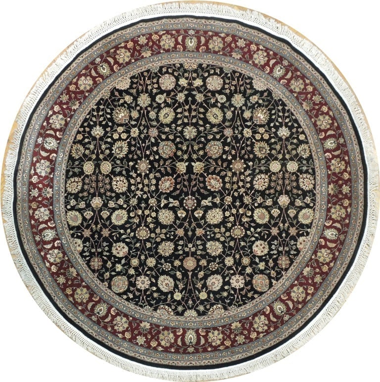Handmade 7'2 x 7'2 Black Wool Silk Round Rug: Handmade 7'2 x 7'2 Black Wool Silk Round Rug Free continental US Shipping Elevate your living space with this exquisite 7.2 x 7.2 round rug, skillfully handmade in China. Crafted from a fine blend of 