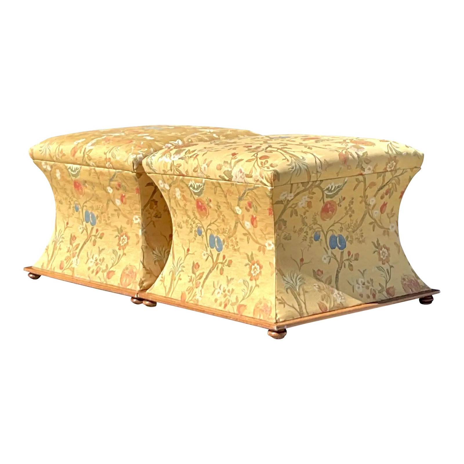 Pair of Vintage Regency Chinoiserie Jacquard Ottomans in Goldenrod: Pair of Vintage Regency Chinoiserie Jacquard Ottomans in Goldenrod This pair of Vintage Regency-style ottomans showcases exquisite craftsmanship with vibrant chinoiserie-inspired jacquard upholstery. 