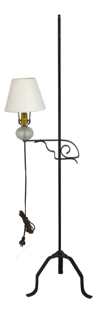 Adjustable wrought iron tripod floor lamp with hobnail glass shade (1 of 10)