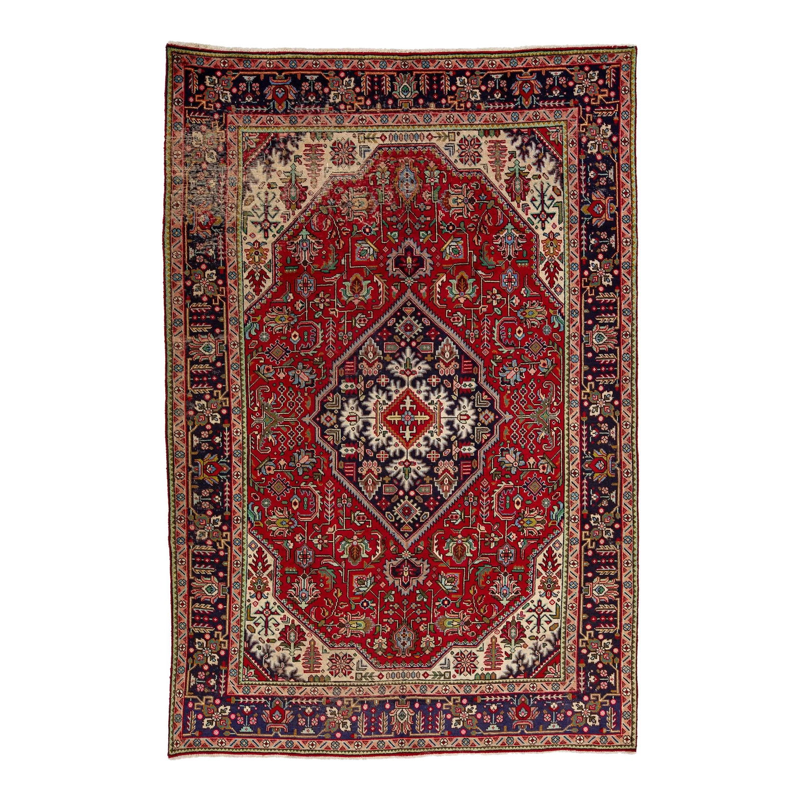 1960s Hand-Knotted Persian Tabriz Wool Rug Red Medallion: 1960s Hand-Knotted Persian Tabriz Wool Rug Red Medallion Enhance your space with this exquisite 1960s Persian Tabriz rug, meticulously hand-knotted from high-quality wool. Featuring a vibrant red fiel