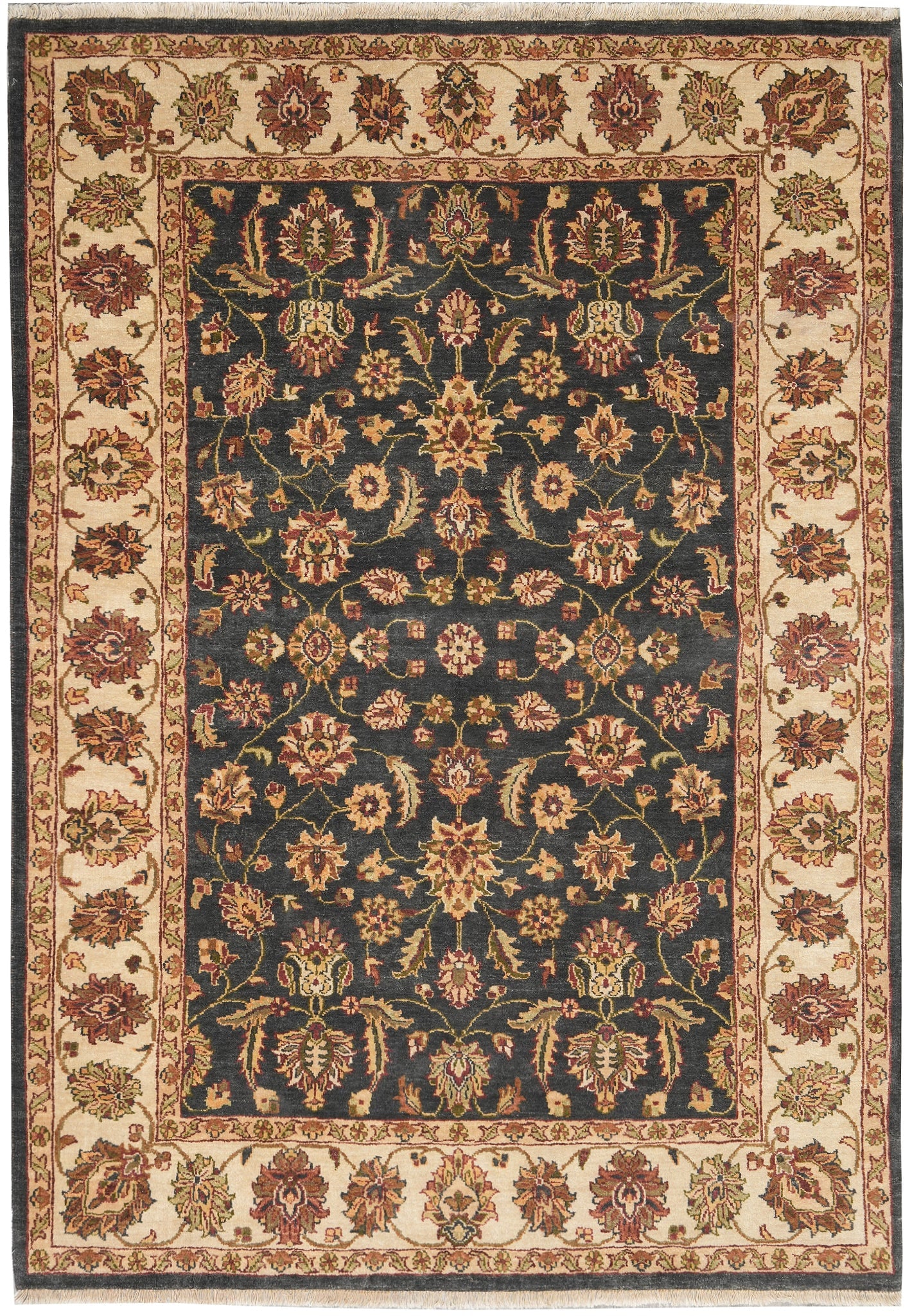 5.7 x 8 Handmade Jaipur Style Charcoal Wool Rug Pakistani: 5.7 x 8 Handmade Jaipur Style Charcoal Wool Rug Pakistani Free continental US Shipping This handmade Jaipur-style Pakistani rug features a sophisticated charcoal colorway and intricate traditional mot