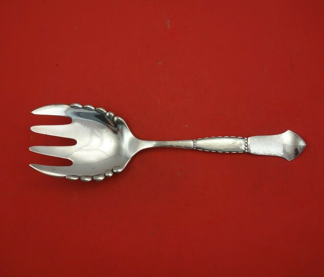 Evald Nielsen Vintage Sterling Silver 4-Tine Vegetable Serving Fork 11": Evald Nielsen Vintage Sterling Silver 4-Tine Vegetable Serving Fork 11" This exquisite vegetable serving fork by Evald Nielsen is crafted from high-quality sterling silver, showcasing a classic 4-tine