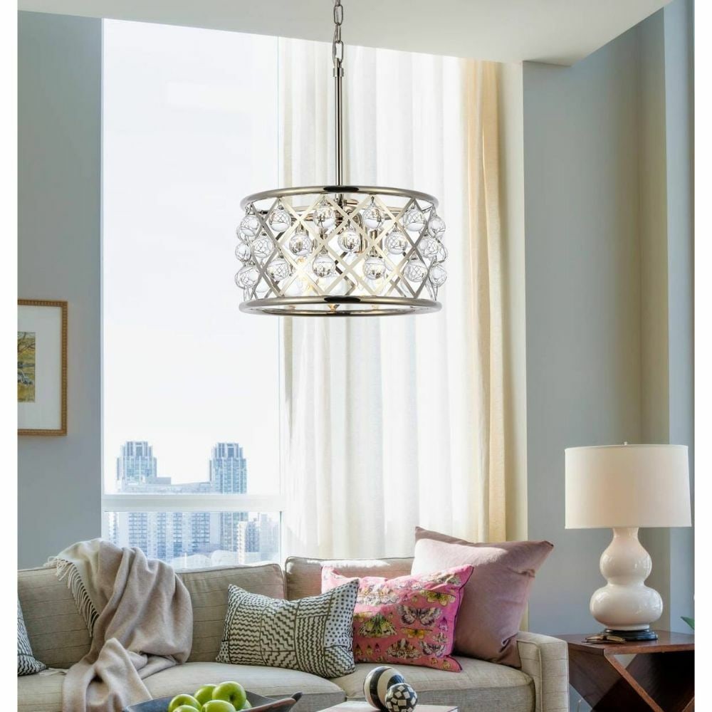 Madison 4-Light Crystal Pendant Polished Nickel 16 Inch: Madison 4-Light Crystal Pendant Polished Nickel 16 Inch This modern chandelier pendant features four lights and smooth crystal balls, complemented by a polished nickel frame. The fixture is designed f