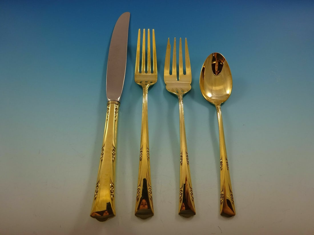Gorham Greenbrier Vermeil Sterling Silver 4-Piece Place Setting: Gorham Greenbrier Vermeil Sterling Silver 4-Piece Place Setting This exquisite 4-piece place setting features the Greenbrier Vermeil pattern by Gorham, crafted from high-quality sterling silver. The