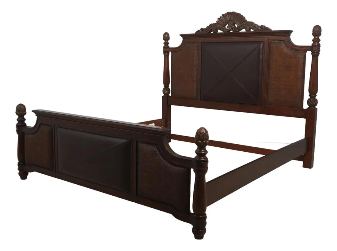 King Bed with Rattan Frame and Leather Accents West Indies Style (1 of 10)