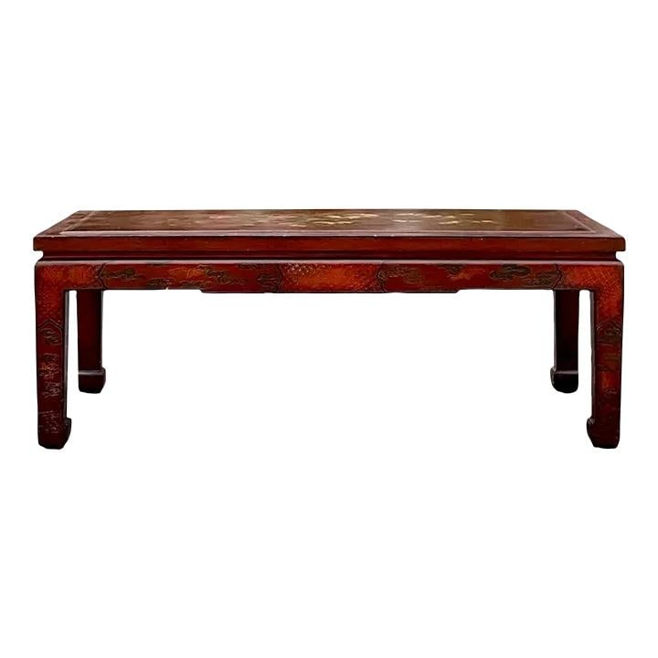 Vintage Regency Hand Painted Coffee Table in Brick Red: Vintage Regency Hand Painted Coffee Table in Brick Red This stunning late 20th century vintage Regency coffee table features a chic hand-painted floral design, beautifully complemented by a crackled