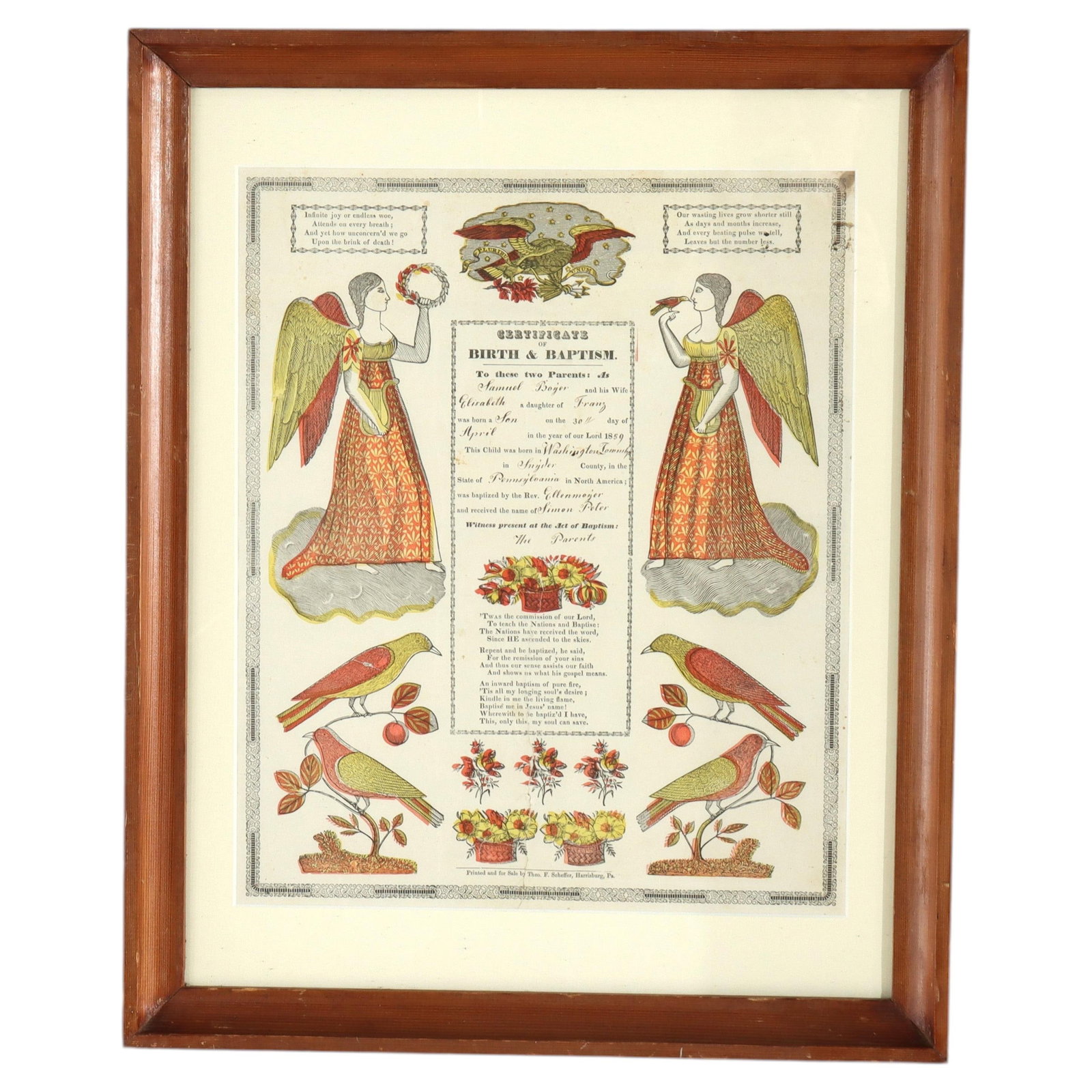 Hand-Colored Pennsylvania German Fraktur Birth and Baptism Certificate c1859: Hand-Colored Pennsylvania German Fraktur Birth and Baptism Certificate c1859 This mid-19th century Pennsylvania German Fraktur Taufschein is a hand-colored birth and baptismal certificate, printed by 