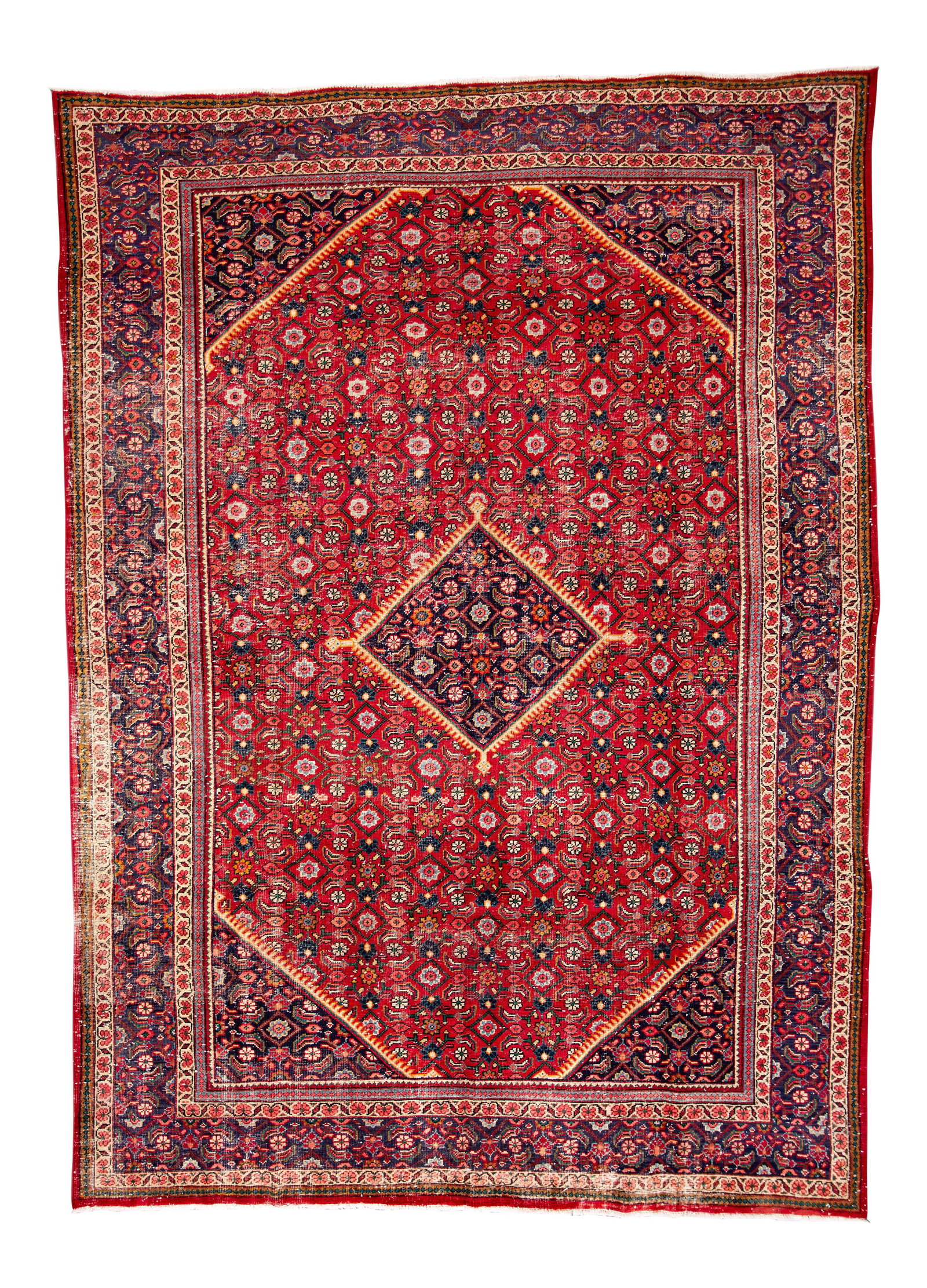 Mid-20th Century Hand-Knotted Vintage Mahal Wool Rug 9'5 x 13'1 Brick Red: Mid-20th Century Hand-Knotted Vintage Mahal Wool Rug 9'5 x 13'1 Brick Red This exquisite mid-20th century vintage Mahal wool rug showcases a stunning red field adorned with a medallion geometric desig