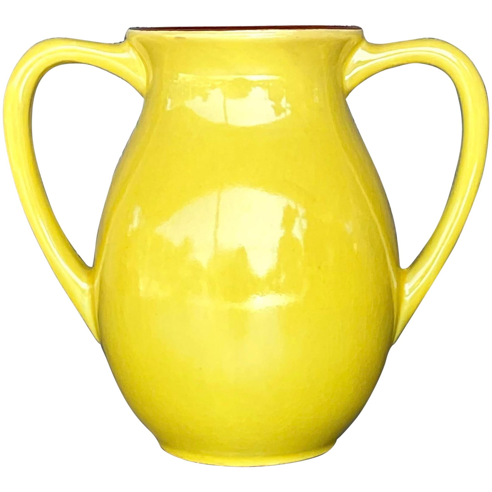 Vintage Boho Yellow Glazed Ceramic Vase with Double Handles: Vintage Boho Yellow Glazed Ceramic Vase with Double Handles Enhance your home decor with this vibrant vintage boho glazed ceramic vase. Featuring a striking glossy yellow exterior and a contrasting ea
