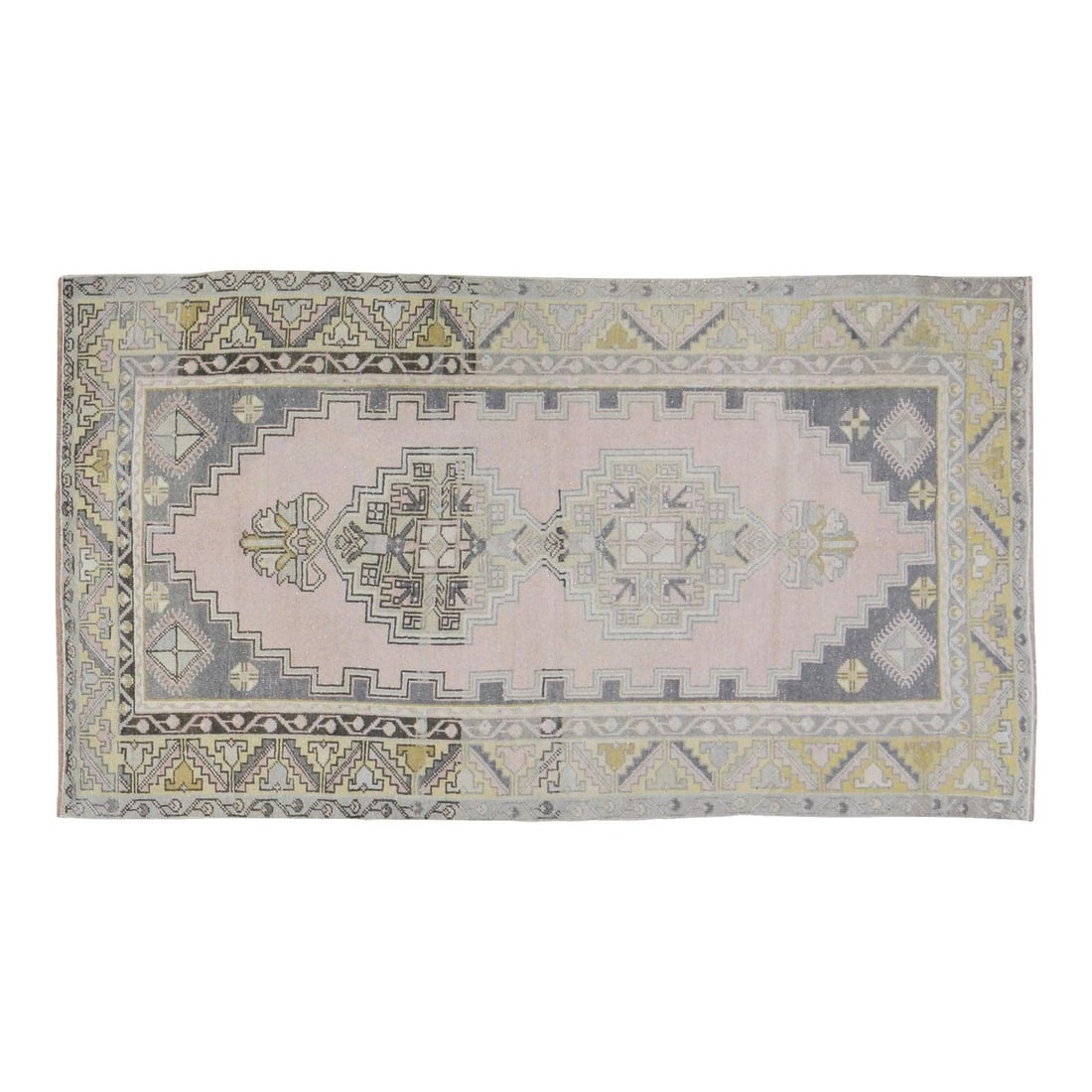 4x7'2 Wool Area Rug Hand Knotted Turkish Anatolian Design: 4x7'2 Wool Area Rug Hand Knotted Turkish Anatolian Design This vintage Turkish Anatolian rug is hand-knotted from wool using traditional techniques, combining timeless craftsmanship with a modern desi