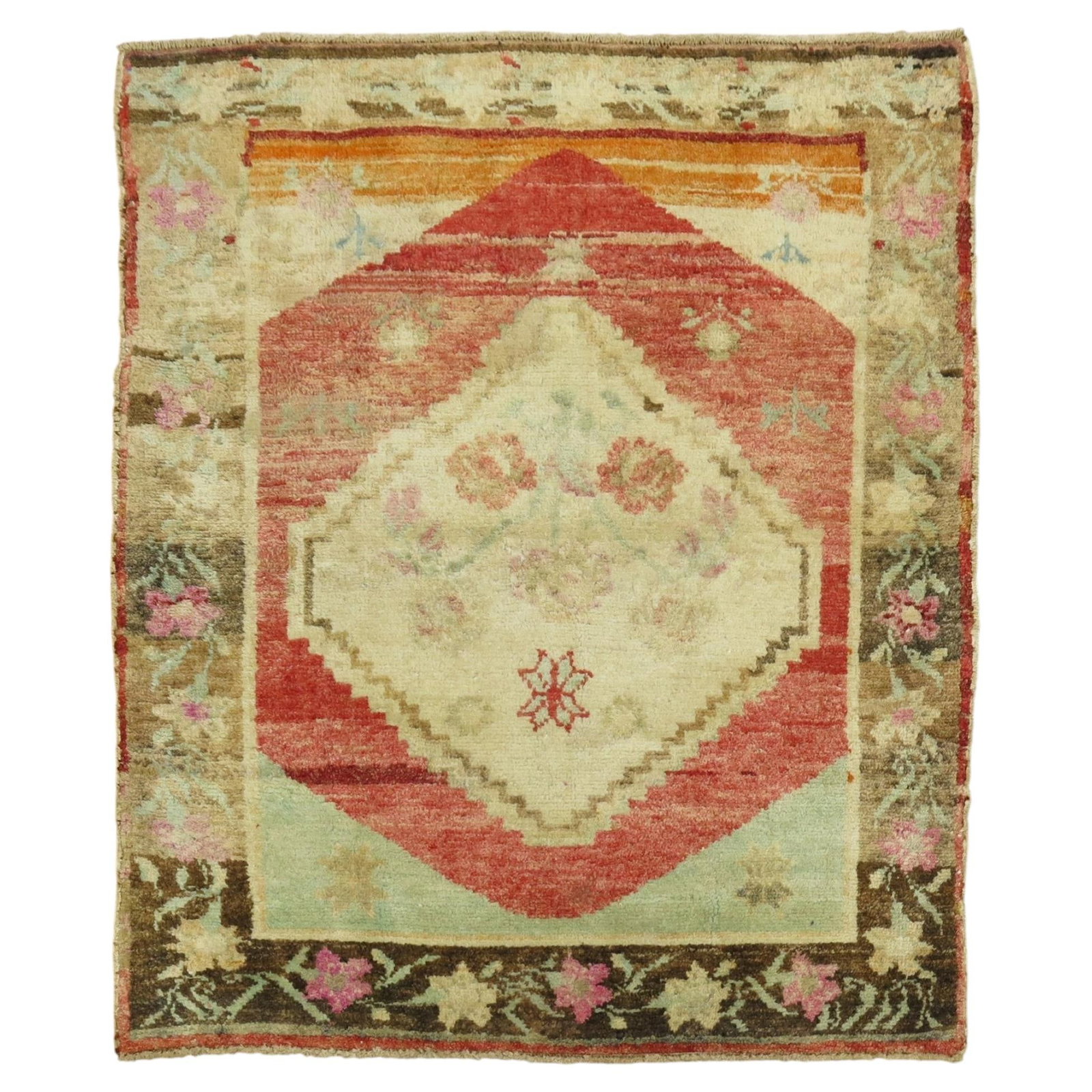 Mid Century Oushak Turkish Wool Hand Woven Square Rug: Mid Century Oushak Turkish Wool Hand Woven Square Rug This vintage Turkish Anatolian square rug features a classic Oushak style, hand-woven from wool. Originating from Turkey and dating to the mid-20t