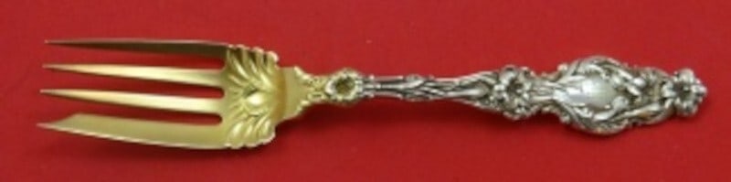Whiting Lily Sterling Silver Salad Fork Gold Washed 6 1/8 Inch: Whiting Lily Sterling Silver Salad Fork Gold Washed 6 1/8 Inch This exquisite salad fork from the Lily pattern by Whiting is crafted from high-quality sterling silver (.925) and features a beautiful g