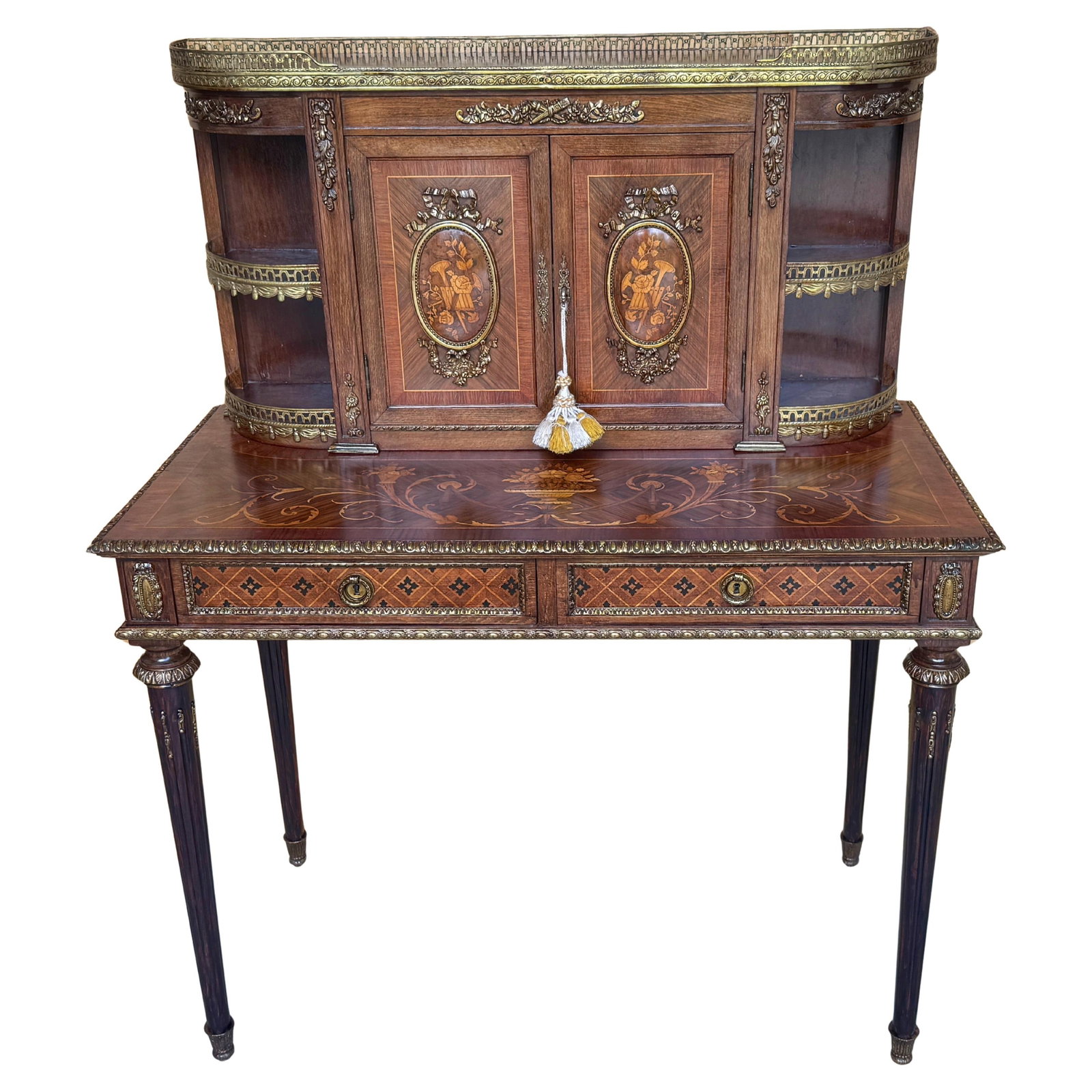 Exquisite French Louis XVI Marquetry Writing Desk Bonheur du Jour Circa 1900s: Exquisite French Louis XVI Marquetry Writing Desk Bonheur du Jour Circa 1900s This exquisite French Louis XVI-style bonheur du jour is a marquetry-inlaid writing desk, crafted in France circa the 1900