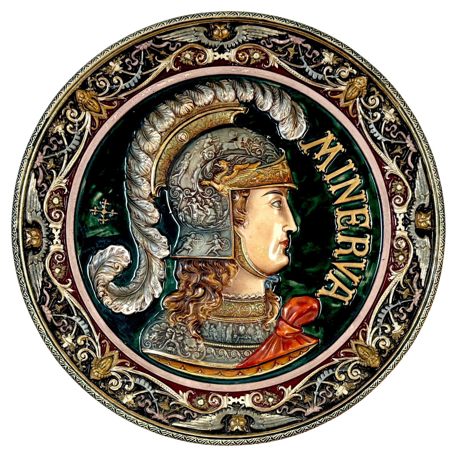 Late 19th Century Majolica Charger of Minerva 13.5 Inches: Late 19th Century Majolica Charger of Minerva 13.5 Inches This stunning three-dimensional Continental Majolica charger from the late 19th century features Minerva, the Roman goddess of wisdom and war,