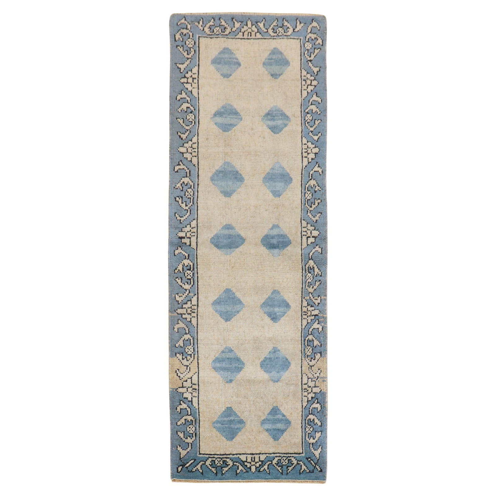 Mid-Century Modern Wool Turkish Runner 2'2" x 6' Blue Tan: Mid-Century Modern Wool Turkish Runner 2'2" x 6' Blue Tan This exquisite Mid-Century Modern Turkish runner features a beautiful blend of beige, tan, and blue hues. Measuring 2 feet 2 inches wide by 6 
