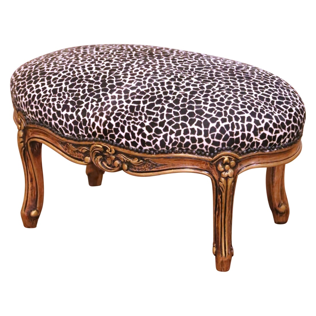 French Louis XV Walnut Footstool with Patterned Upholstered Top Mid-Century (1 of 8)