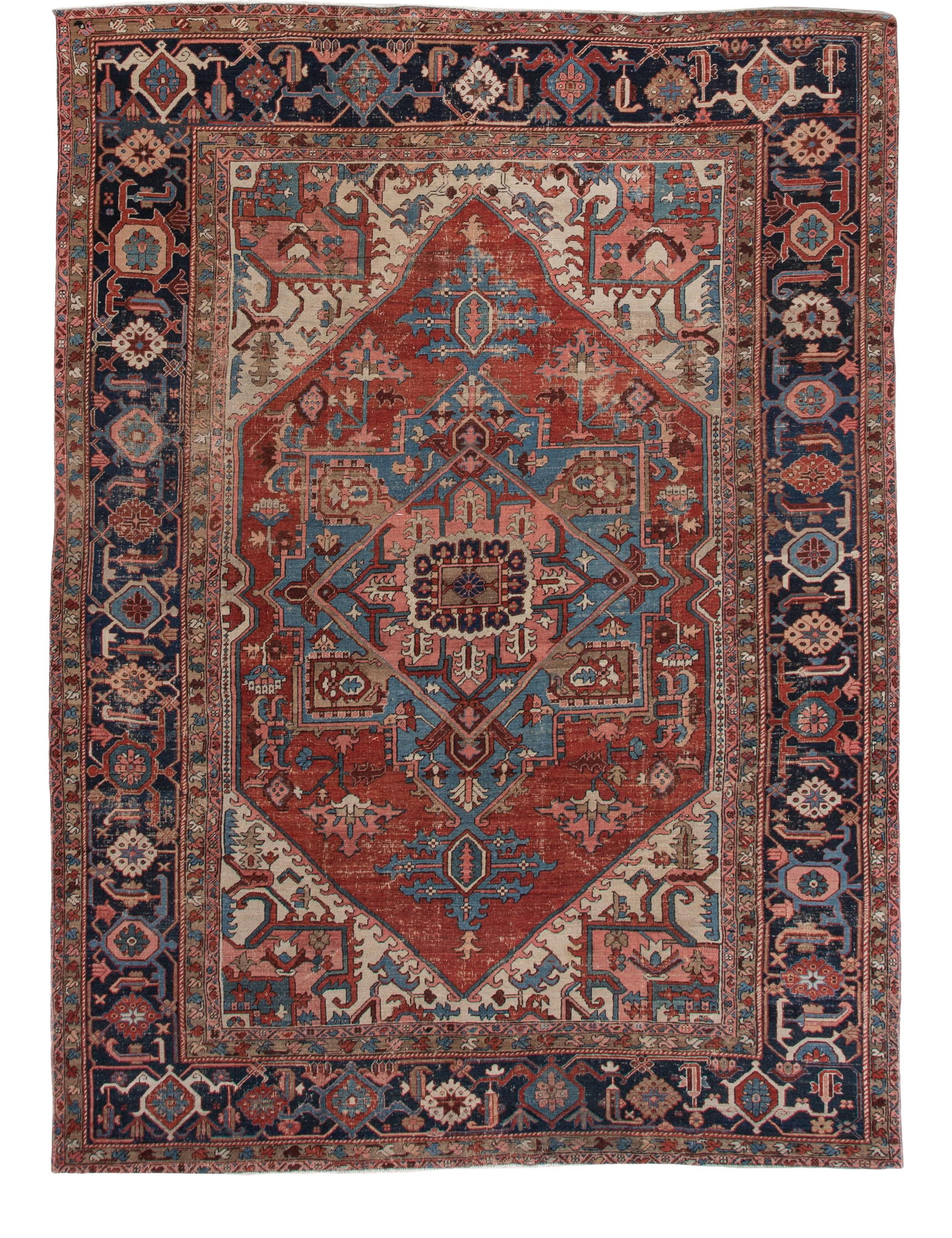 Antique Persian Serapi Red Wool Rug 9'5" x 13'1" Floral Medallion: Antique Persian Serapi Red Wool Rug 9'5" x 13'1" Floral Medallion Discover the beauty of this antique Persian Serapi hand-knotted wool rug, showcasing a rich red and ivory field. The design features a