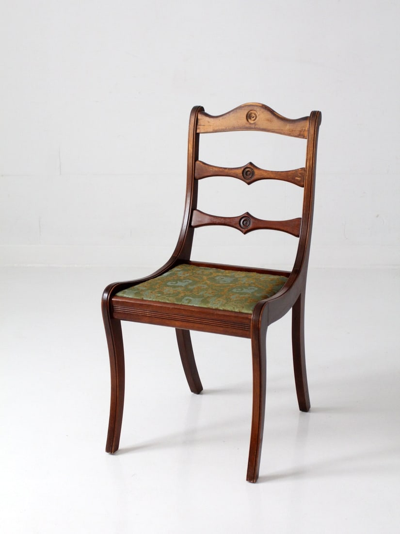 Empire Revival Style Side Chair With Green Upholstery By Westfield Company: Empire Revival Style Side Chair With Green Upholstery By Westfield Company This mid-20th century Empire Revival side chair features a shaped crest, three sculpted splats with centered detailing, and g