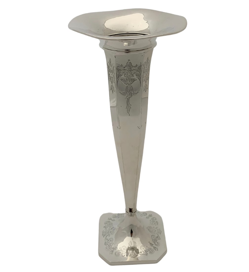 Antique 14 Inch 925 Sterling Silver Handmade Ornate Vase: Antique 14 Inch 925 Sterling Silver Handmade Ornate Vase This tall antique vase is crafted from 925 sterling silver, showcasing exquisite handmade ornate designs complemented by a shiny, sleek finish.