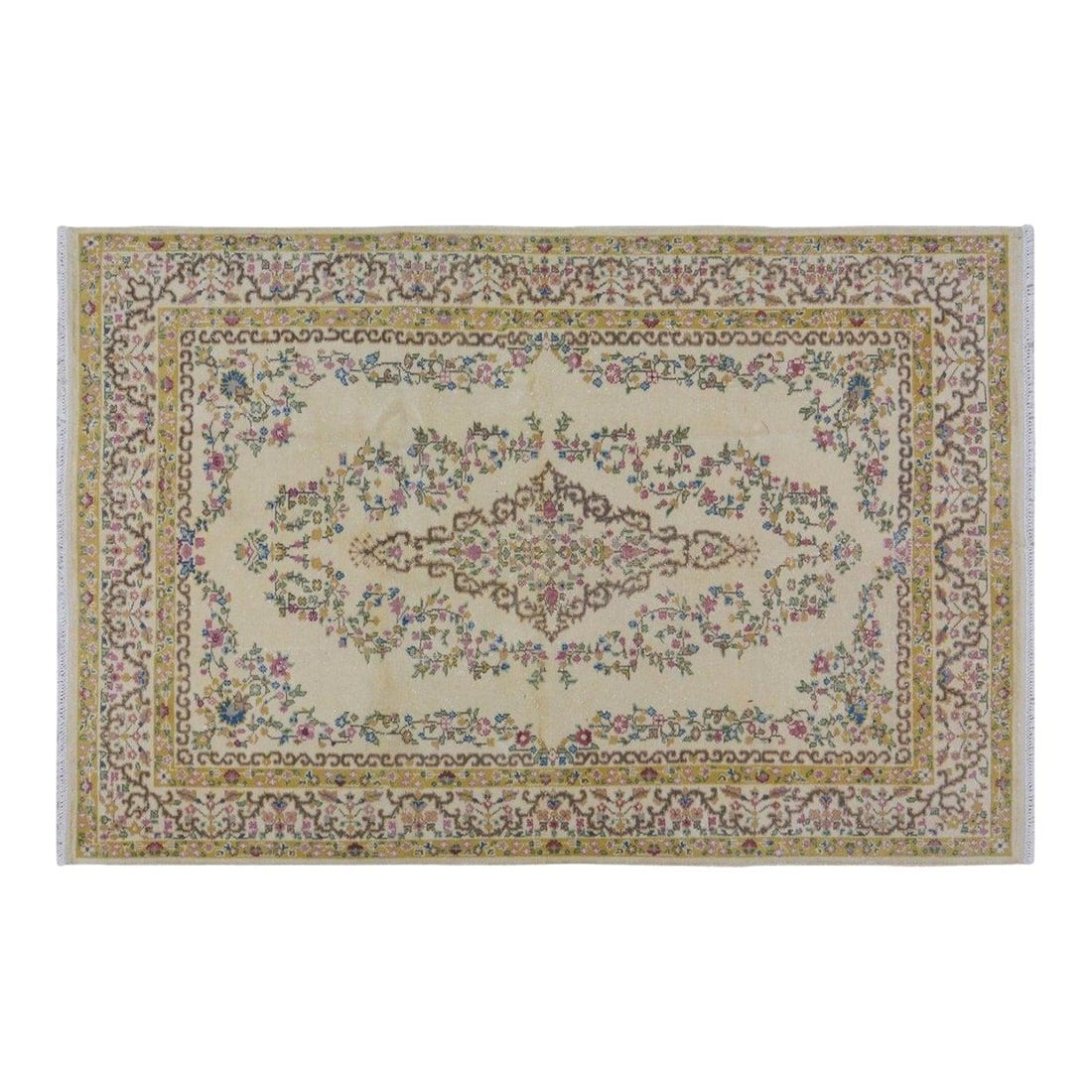 Hand-Knotted Wool Savonnerie Rug Tan 5'10" x 9' Spanish Vintage: Hand-Knotted Wool Savonnerie Rug Tan 5'10" x 9' Spanish Vintage This vintage Spanish Savonnerie rug is hand-knotted from wool using traditional techniques, offering a blend of timeless craftsmanship a