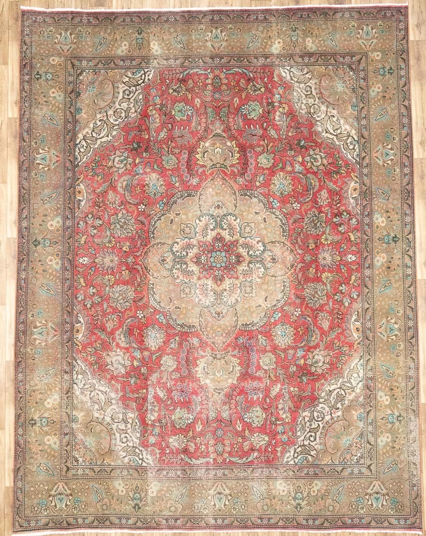 Hand Knotted Wool Floral Oriental Area Rug 9'9 x 12'9: Hand Knotted Wool Floral Oriental Area Rug 9'9 x 12'9 This semi-antique hand-knotted Oriental rug features a muted, distressed floral pattern in red and pastel brown tones. Crafted from wool, it dates