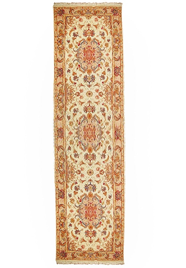 Exquisite 3' x 10' Ivory Persian Tabriz Wool Silk Rug: Exquisite 3' x 10' Ivory Persian Tabriz Wool Silk Rug Free continental US Shipping Enhance your living space with this exquisite handcrafted Ivory Persian Tabriz Wool & Silk Rug, featuring traditional