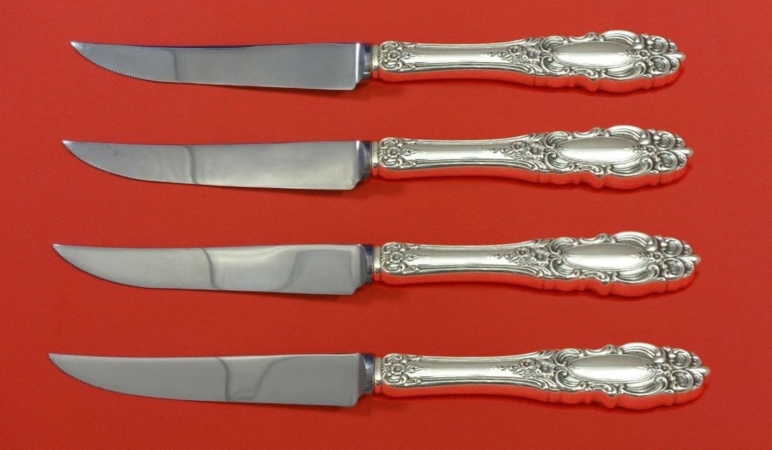 Towle Grand Duchess Sterling Silver Steak Knife Set 4pc Custom 8.5": Towle Grand Duchess Sterling Silver Steak Knife Set 4pc Custom 8.5" Enhance your dining experience with this exquisite 4-piece steak knife set from Towle, featuring the elegant Grand Duchess pattern. 