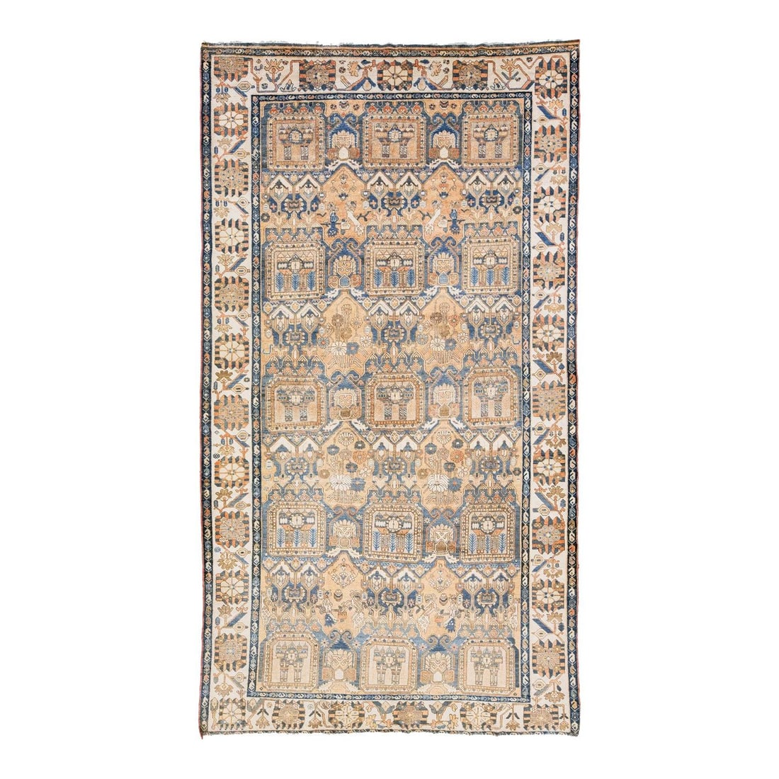 1920s Vintage Bakhtiari Hand-Knotted Wool Rug Tan Medallion: 1920s Vintage Bakhtiari Hand-Knotted Wool Rug Tan Medallion Enhance your living space with this exquisite vintage Persian Bakhtiari hand-knotted wool rug from the 1920s. Boasting a warm tan field, thi