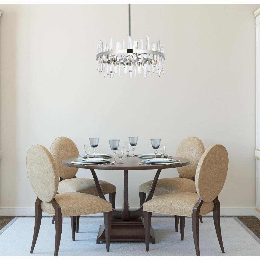 Serena Chrome Crystal Chandelier 14-Light 25 Inch Adjustable: Serena Chrome Crystal Chandelier 14-Light 25 Inch Adjustable This modern crystal chandelier features a high-quality chrome-plated finish and is designed with 14 lights to provide ample illumination fo