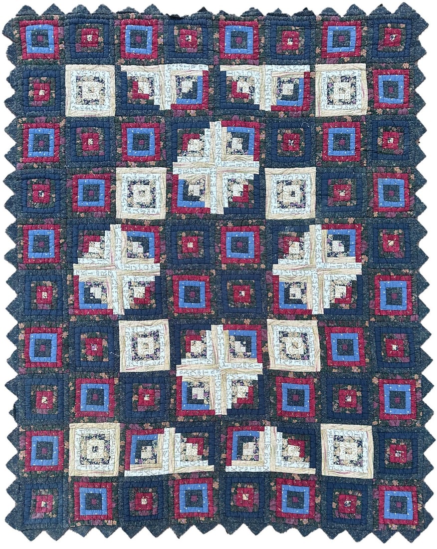 Vintage blue cotton log cabin tapestry quilt 4x5 ft (1 of 12)