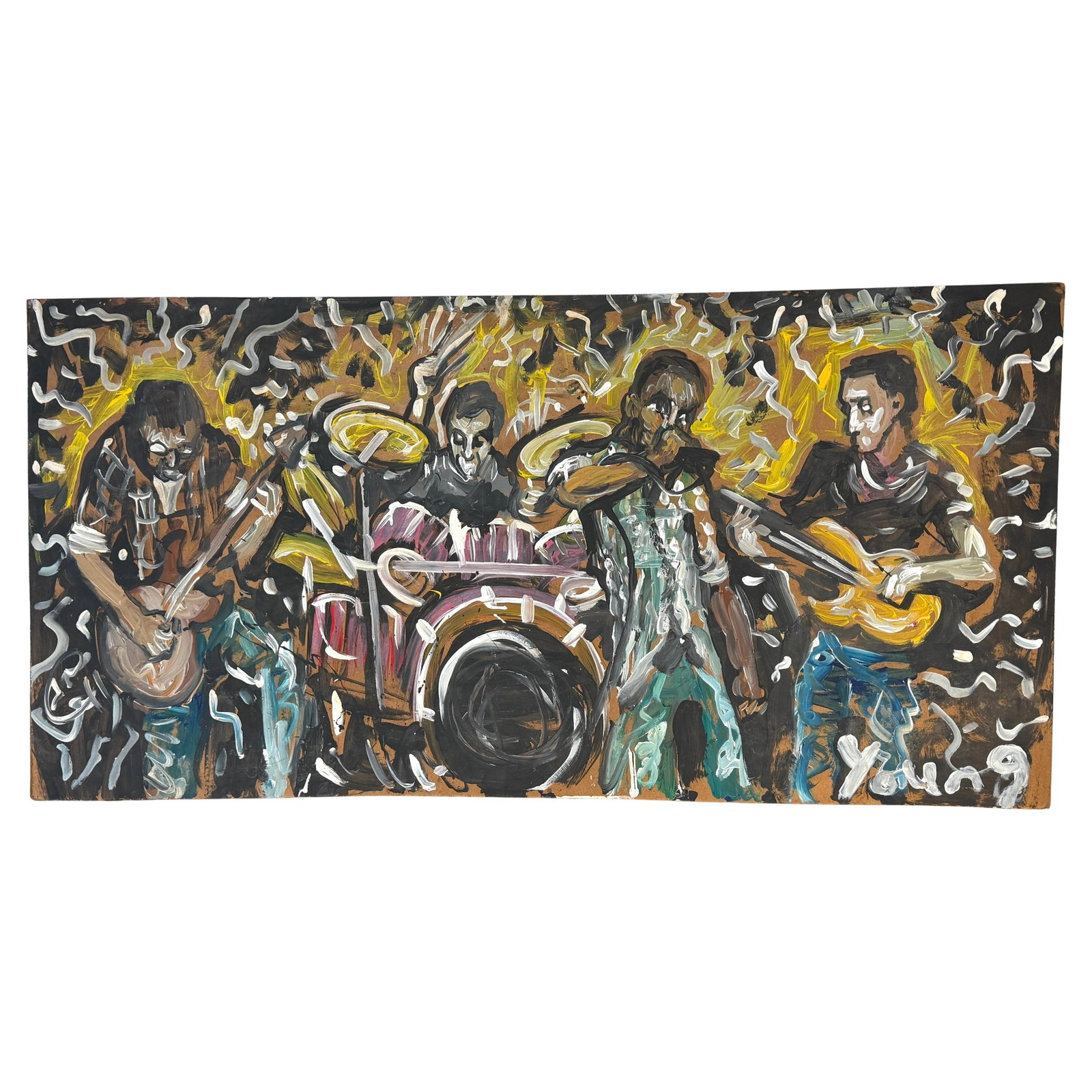 Purvis Young Early 1970s Acrylic Painting of Haloed Musicians on Board: Purvis Young Early 1970s Acrylic Painting of Haloed Musicians on Board "Band of Saints (Haloed Musicians)" is an early period painting by Purvis Young, created in the 1970s. This modern work, executed