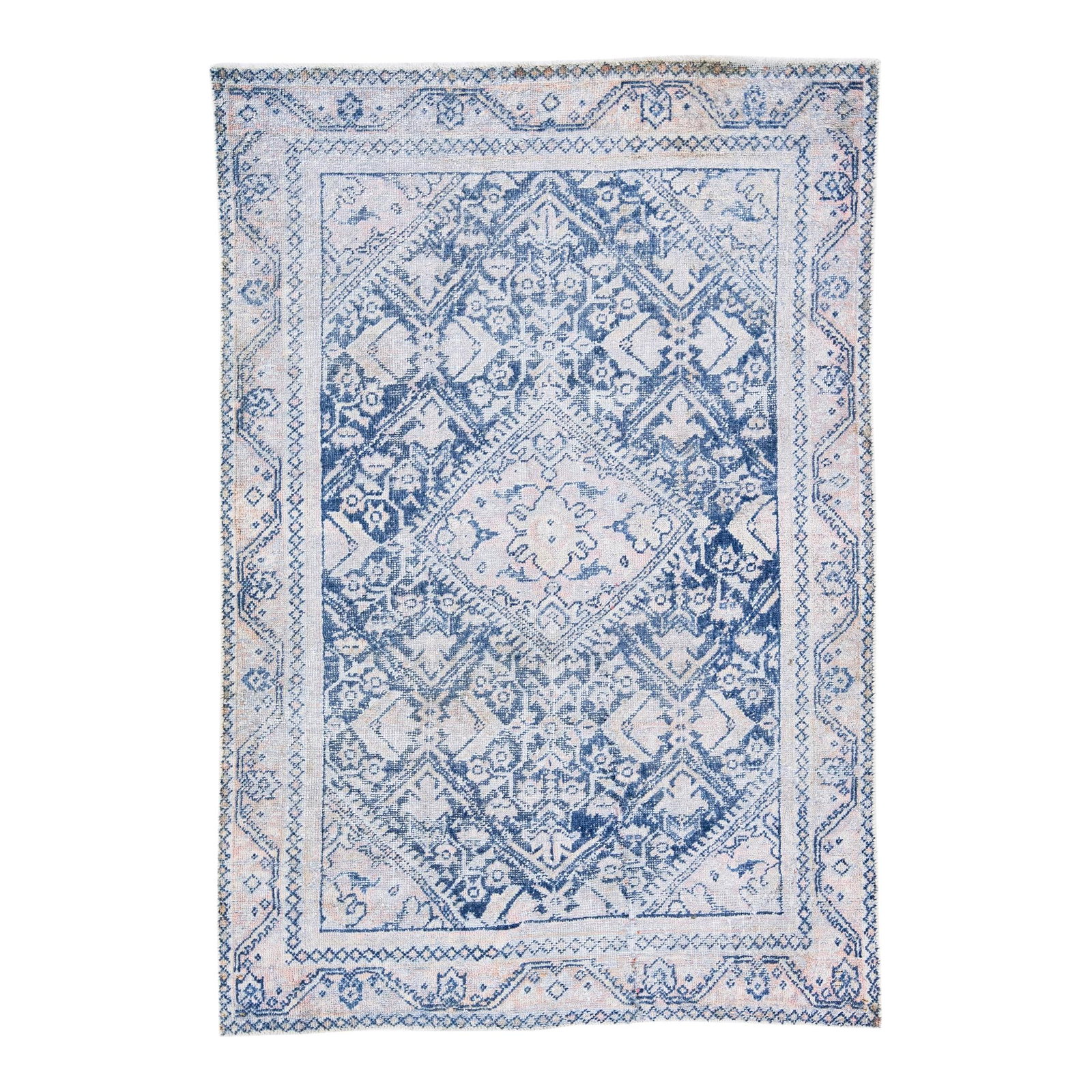1960s Persian Mahal Navy Blue Wool Rug Handmade Medallion Design: 1960s Persian Mahal Navy Blue Wool Rug Handmade Medallion Design This exquisite vintage Persian Mahal rug showcases a hand-knotted design, embodying a shabby chic aesthetic. The navy blue field is bea