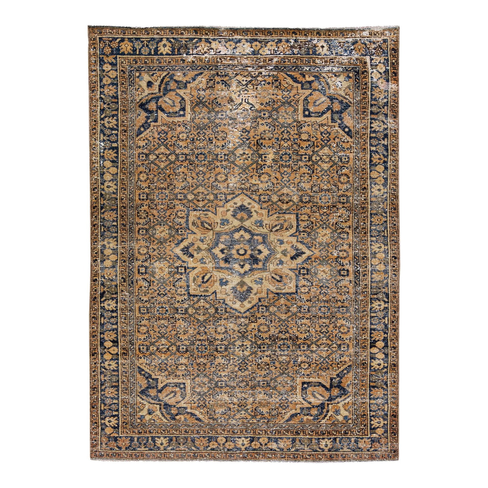 Vintage Persian Handmade Wool Rug 4'7 x 6'5 Beige Medallion: Vintage Persian Handmade Wool Rug 4'7 x 6'5 Beige Medallion This exquisite vintage Persian rug is a stunning example of craftsmanship, featuring a distressed hand-knotted design in a warm beige color 