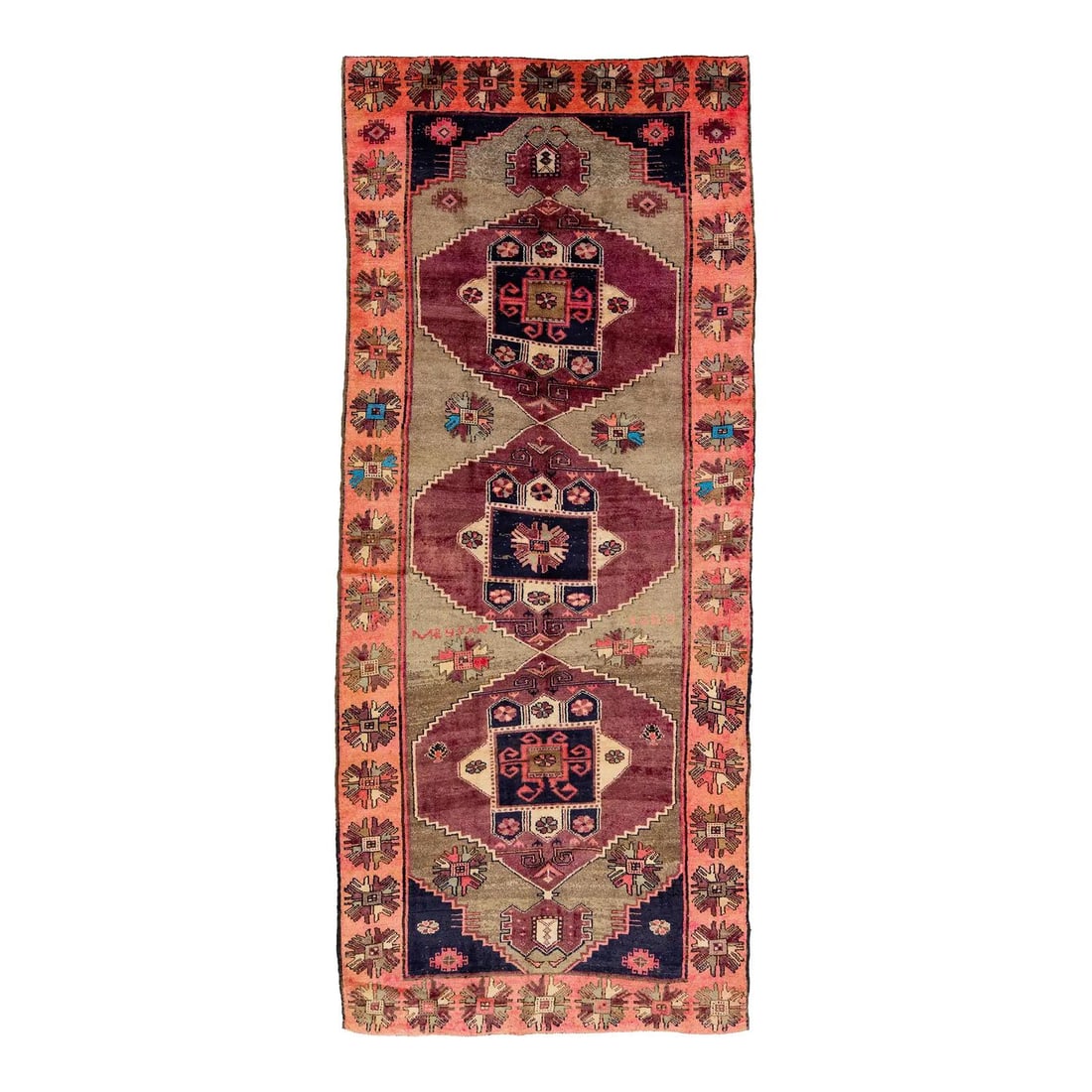 Meysar Signed Wool Persian Hall Runner 5'3 x 12'3: Meysar Signed Wool Persian Hall Runner 5'3 x 12'3 This vintage Meysar Persian runner is an authentic hand-knotted wool kilim from the mid-century era. Featuring a distinctive triple-medallion design o