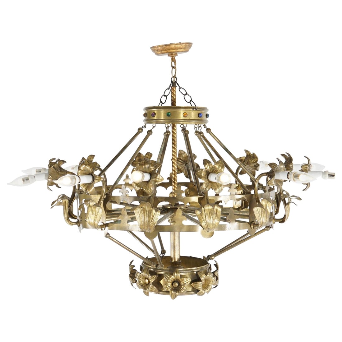 Vintage Brass Fleur-de-Lis Twelve-Light Chandelier Circa 1930: Vintage Brass Fleur-de-Lis Twelve-Light Chandelier Circa 1930 Illuminate your space with this stunning antique French chandelier, designed in an elegant Fleur-de-Lis style. Crafted around 1930, this c