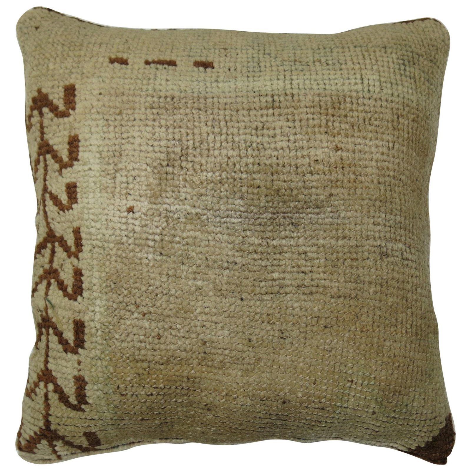 Mid Century Modern Turkish Oushak Beige Brown Wool Pillow 17 x 18: Mid Century Modern Turkish Oushak Beige Brown Wool Pillow 17 x 18 This pillow is crafted from a vintage Turkish Oushak rug in beige and brown tones, featuring a minimalist design. It reflects a Mid-Ce