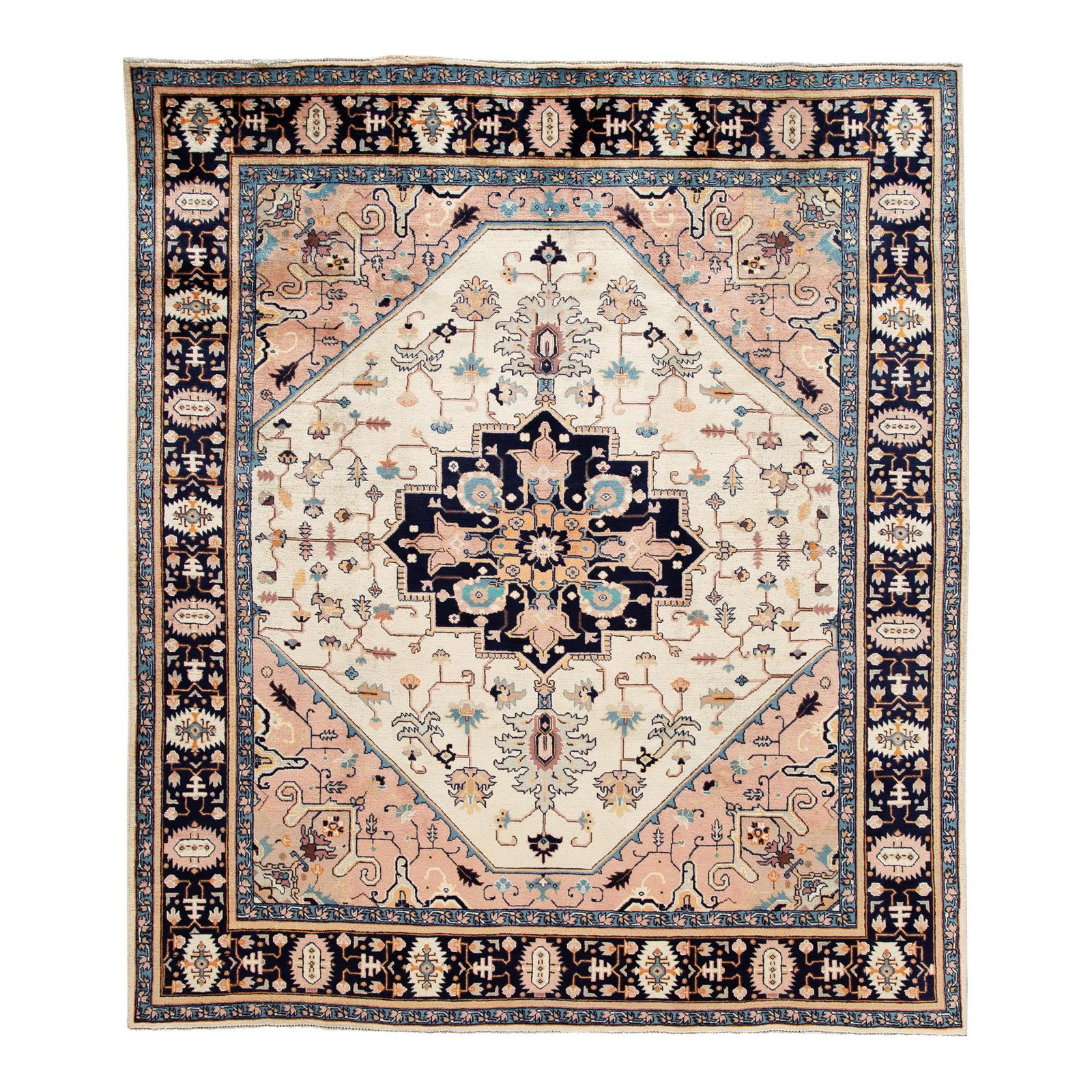 Vintage Persian Heriz Hand-Knotted Ivory Wool Rug 7'10 x 9'0: Vintage Persian Heriz Hand-Knotted Ivory Wool Rug 7'10 x 9'0 Elevate your space with this stunning vintage Persian Heriz hand-knotted wool rug, featuring a striking ivory field. The intricate all-over