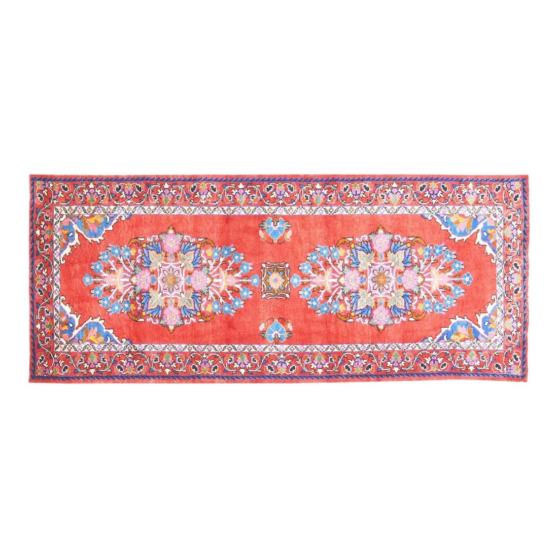 Raspberry Red Wool Hand-Knotted Rug 4'x10" Traditional Craftsmanship: Raspberry Red Wool Hand-Knotted Rug 4'x10" Traditional Craftsmanship This vintage hand-knotted wool rug showcases traditional craftsmanship paired with a modern design sensibility. Crafted from high-q