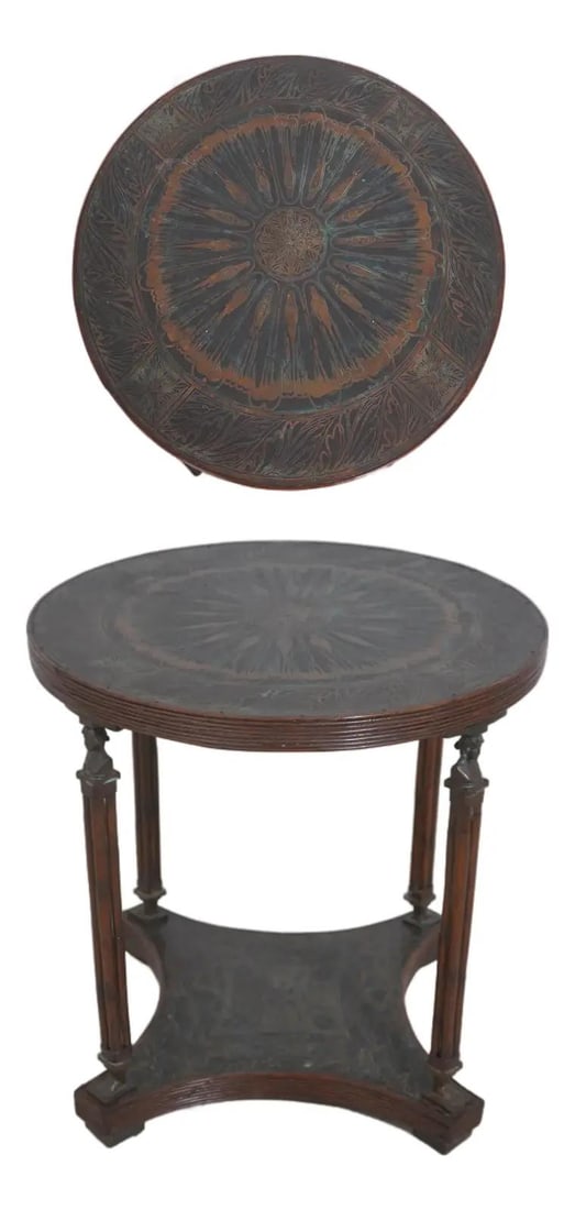 Round Bronze Table with Etched Top and Bamboo Style Legs: Round Bronze Table with Etched Top and Bamboo Style Legs This Maitland Smith neoclassical round table features a high-quality construction with a bronze etched surface top and bamboo form legs. The ta