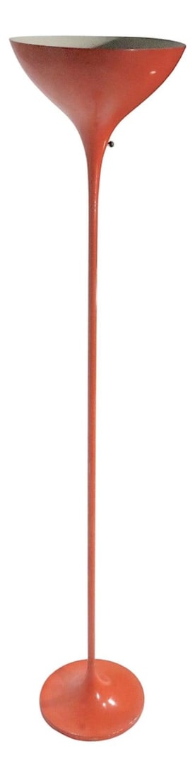 Mid Century Space Age Floor Lamp by Lightolier in Orange Enamel: Mid Century Space Age Floor Lamp by Lightolier in Orange Enamel This stunning Mid 20th Century Space Age floor lamp showcases a vibrant orange enamel paint finish and features a unique teardrop form b