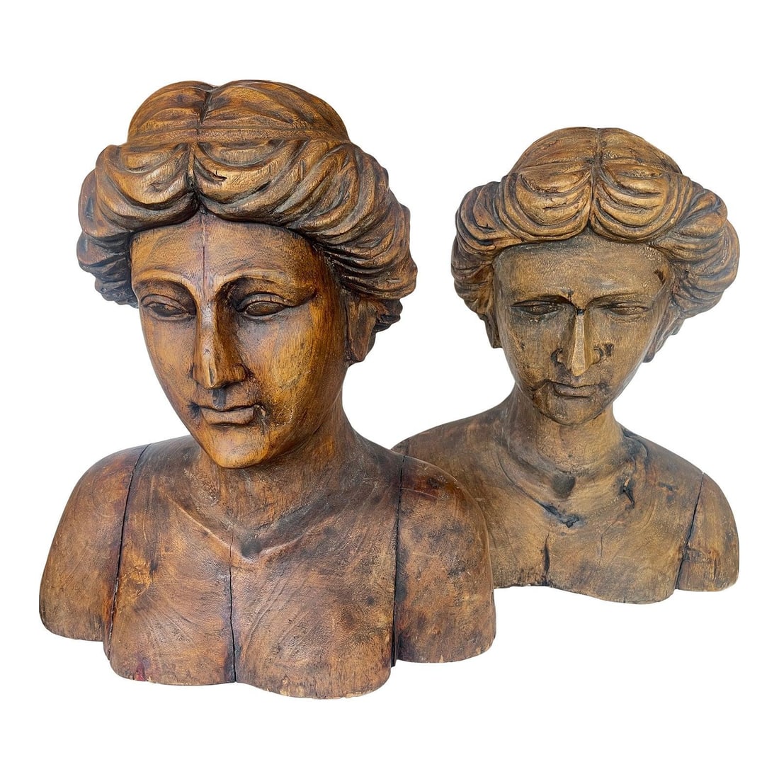 Italian hand carved wood figureheads pair: Italian hand carved wood figureheads pair This is a pair of large, hand-carved wood figureheads from Italy, discovered in Naples. These impressive figures are larger than life size and display a beaut