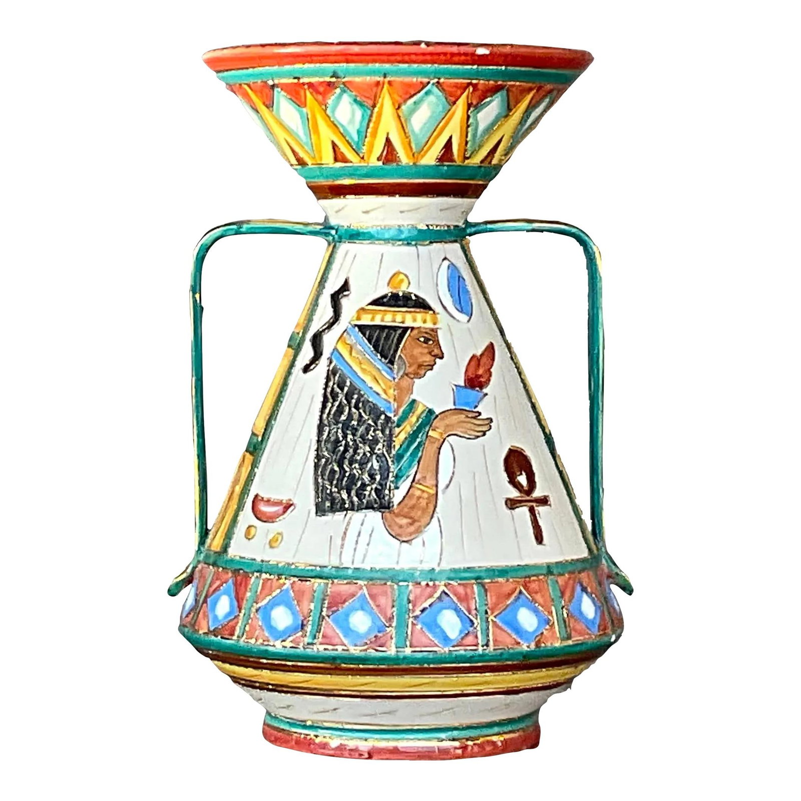 Vintage Boho Volpi Deruta Italian Ceramic Vase 10" Chic Design: Vintage Boho Volpi Deruta Italian Ceramic Vase 10" Chic Design This stunning vintage Boho vase is a remarkable piece of Italian craftsmanship, created by the renowned Volpi Deruta group. Featuring a c