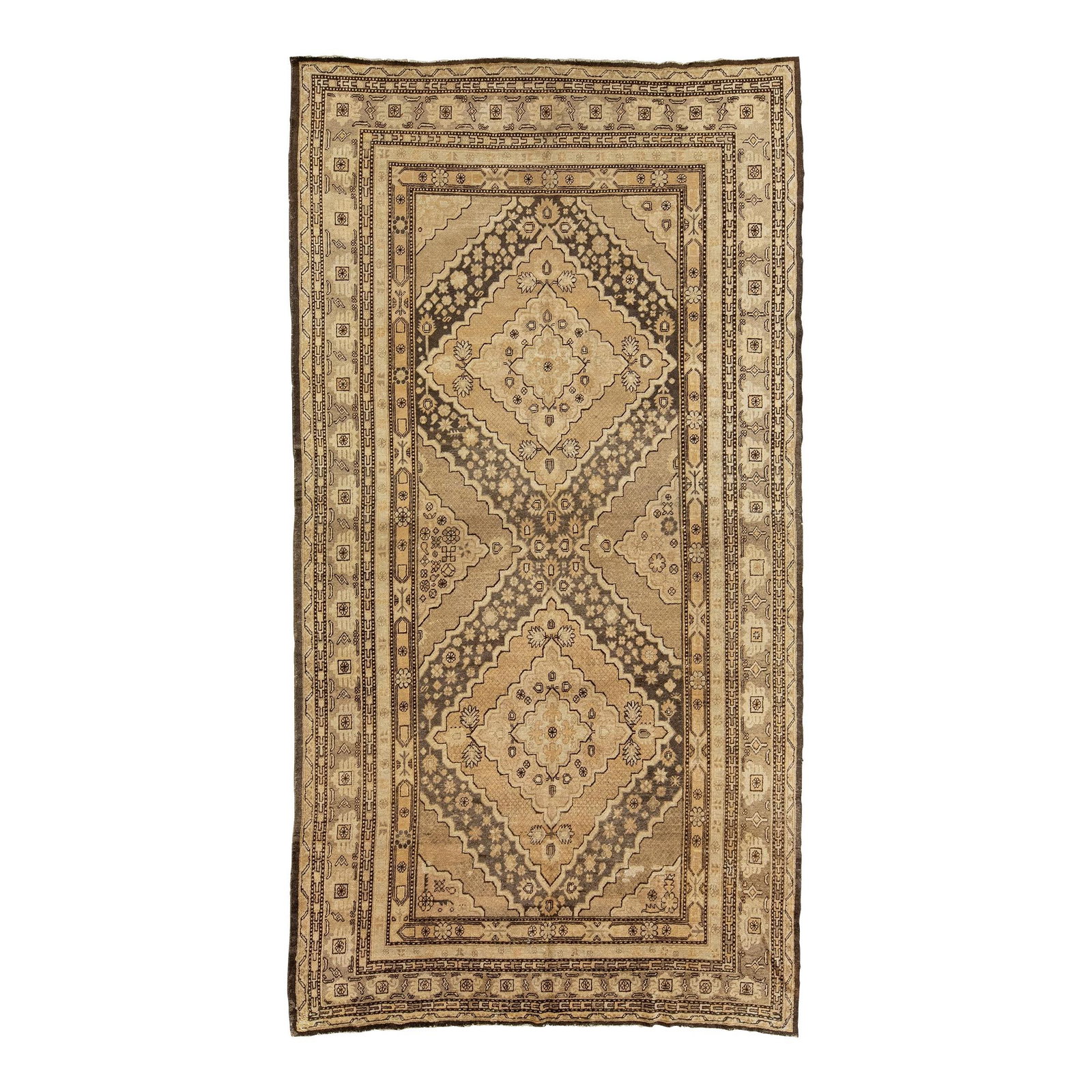 Antique Khotan Hand-Knotted Wool Runner Tan 6'9 x 12'10: Antique Khotan Hand-Knotted Wool Runner Tan 6'9 x 12'10 This exquisite Antique Khotan rug is a stunning example of traditional craftsmanship. Hand-knotted from high-quality wool, it features a soft ta