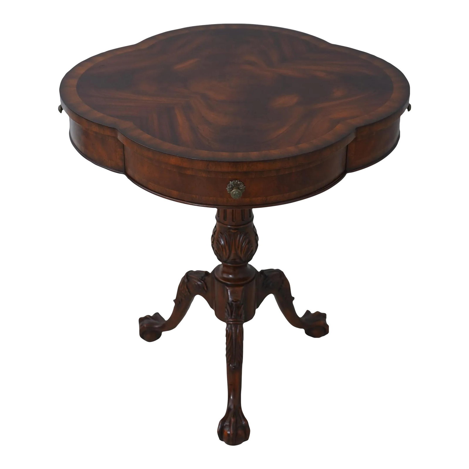 Maitland Smith Mahogany Drum Table with Clover Top and Ball Claw Feet: Maitland Smith Mahogany Drum Table with Clover Top and Ball Claw Feet This exquisite Maitland Smith Clover Top Drum Table features a stunning figural mahogany top complemented by elegant ball and claw
