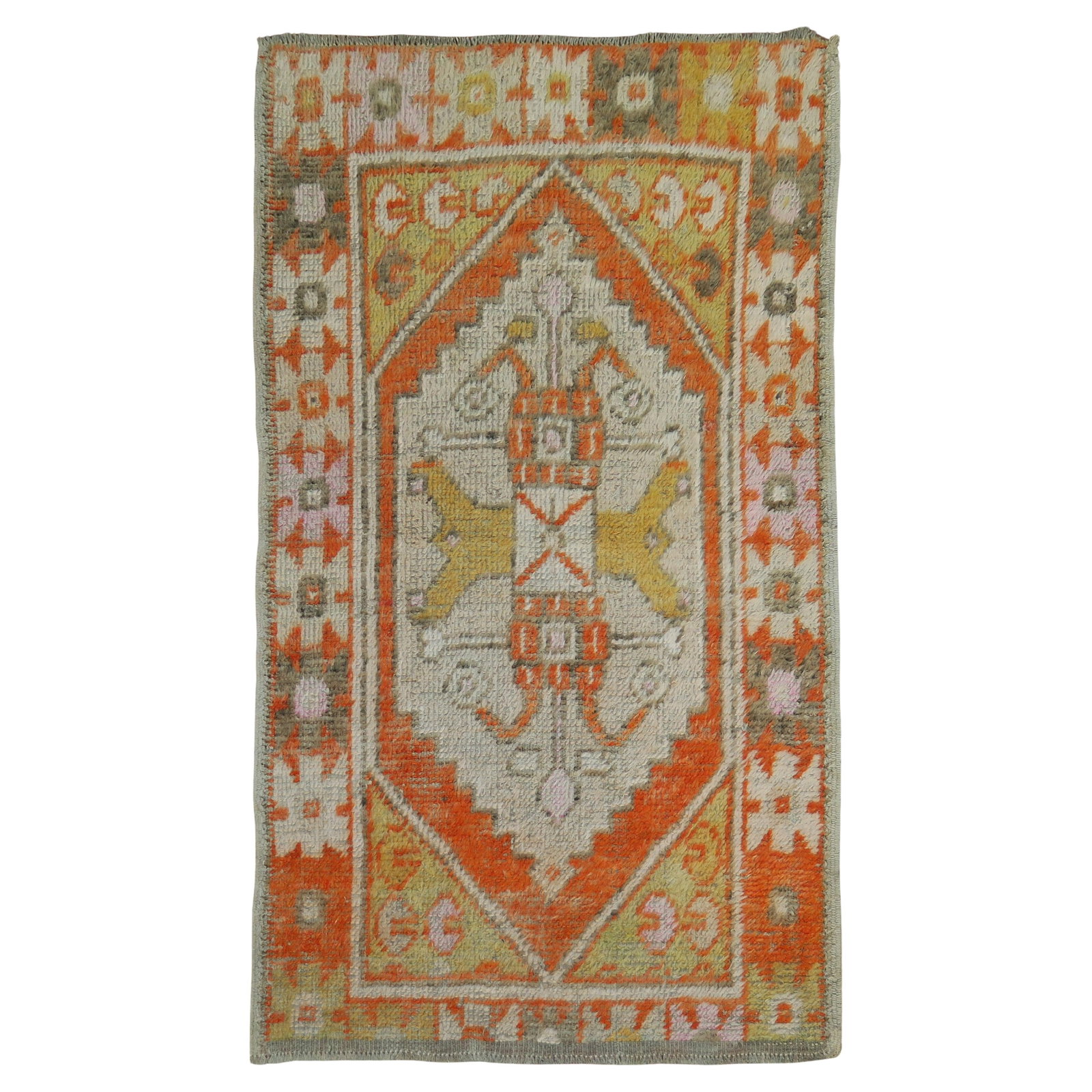 Vintage Turkish Anatolian Hand-Knotted Orange Rug 32 x 52: Vintage Turkish Anatolian Hand-Knotted Orange Rug 32 x 52 Discover the vibrant charm of this vintage Turkish Anatolian rug in a striking bright orange hue. Hand-knotted from wool, this small scatter r