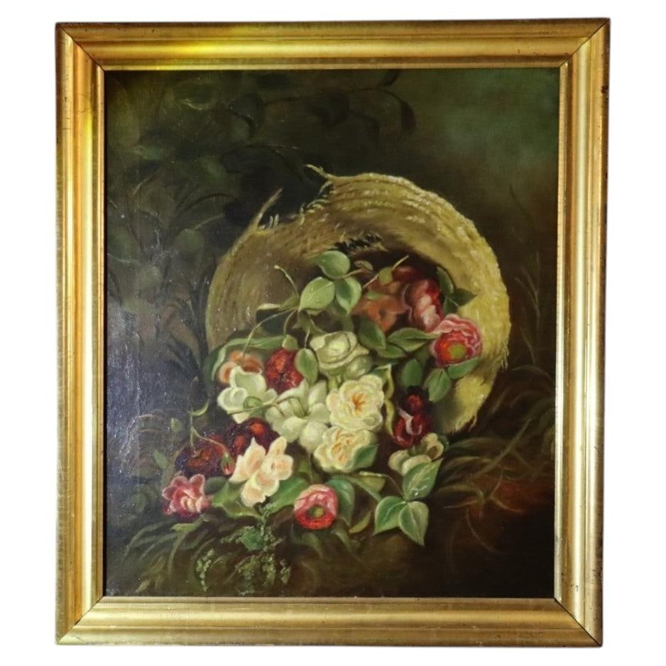 Victorian Era Oil Painting Peonies Straw Hat Still Life c1840 (1 of 12)
