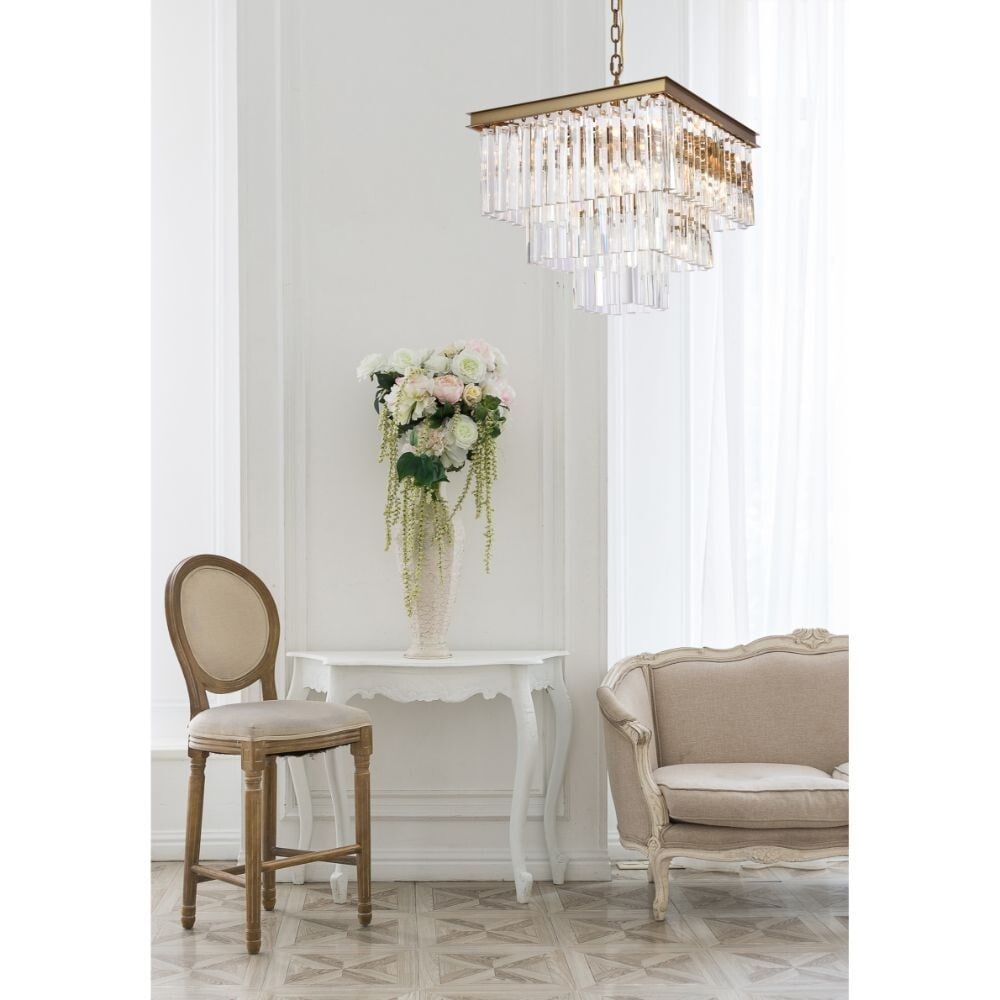Sydney 13 Light Crystal Chandelier Satin Gold 21.5 in: Sydney 13 Light Crystal Chandelier Satin Gold 21.5 in Contemporary 13-light chandelier in a satin gold finish with clear royal cut crystals. It is hardwired for indoor installation and features a fram